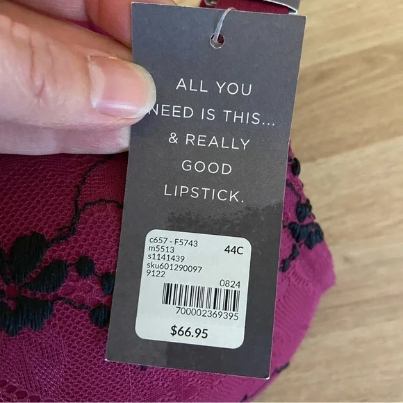 Cacique NWT Max Boost Plunge Lace Strappy Sexy Lace Bra Raspberry Black 44C - Picture 9 of 12